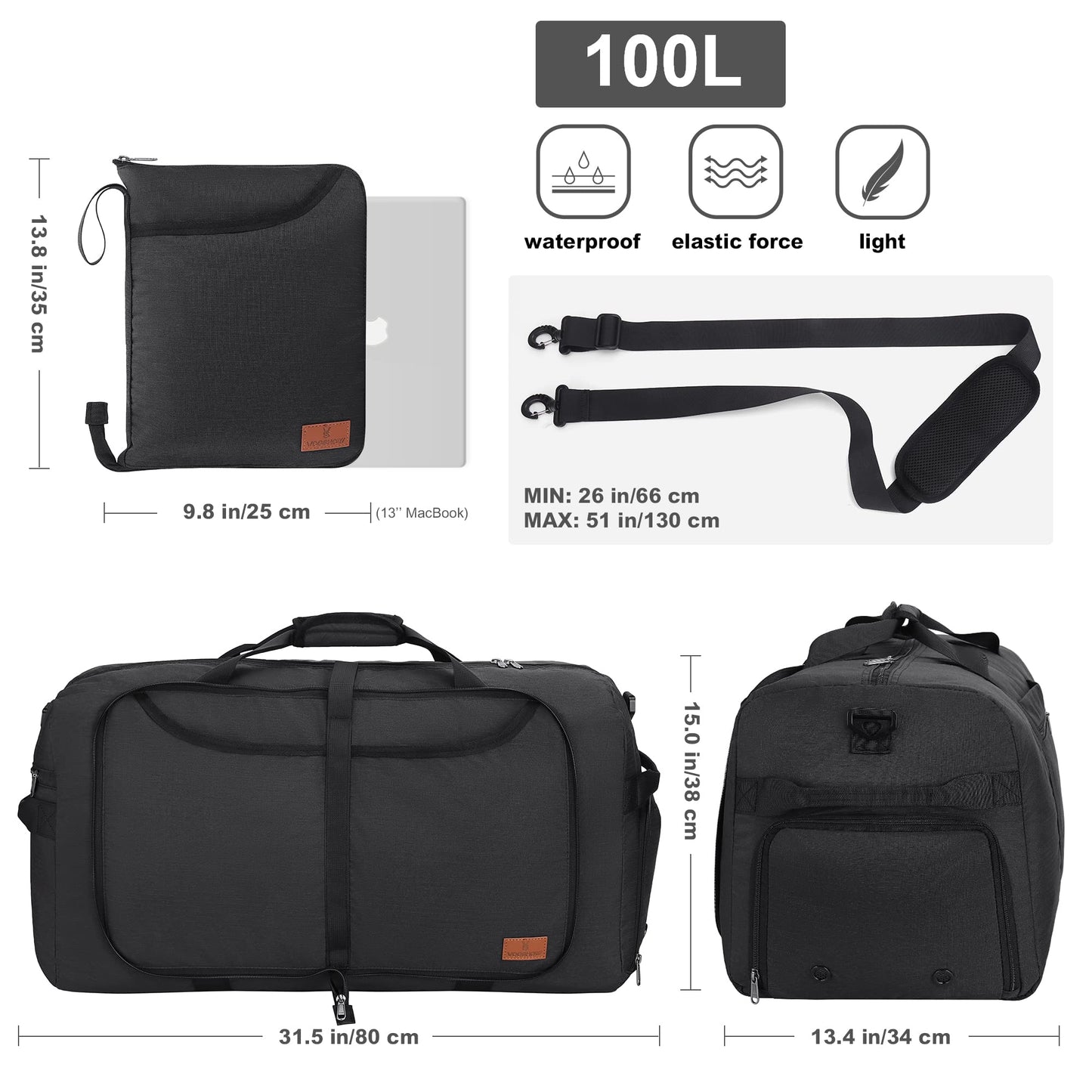 Vogsnow Travel Bag Large Foldable 100L, Weekender Overnight Bag Duffel Waterproof Sports Bag with Shoe Compartment for Men and Women