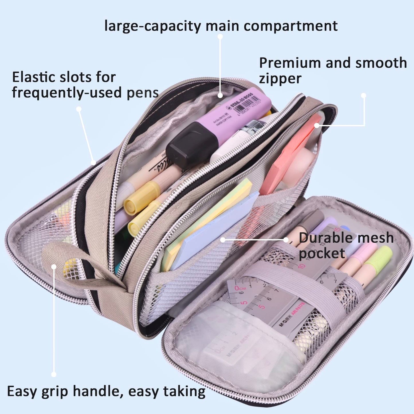 COLOCASTLE Pencil Case Large with 3 Compartments Pencil Pouch for Girls Boys Teenagers School Office (Gray)