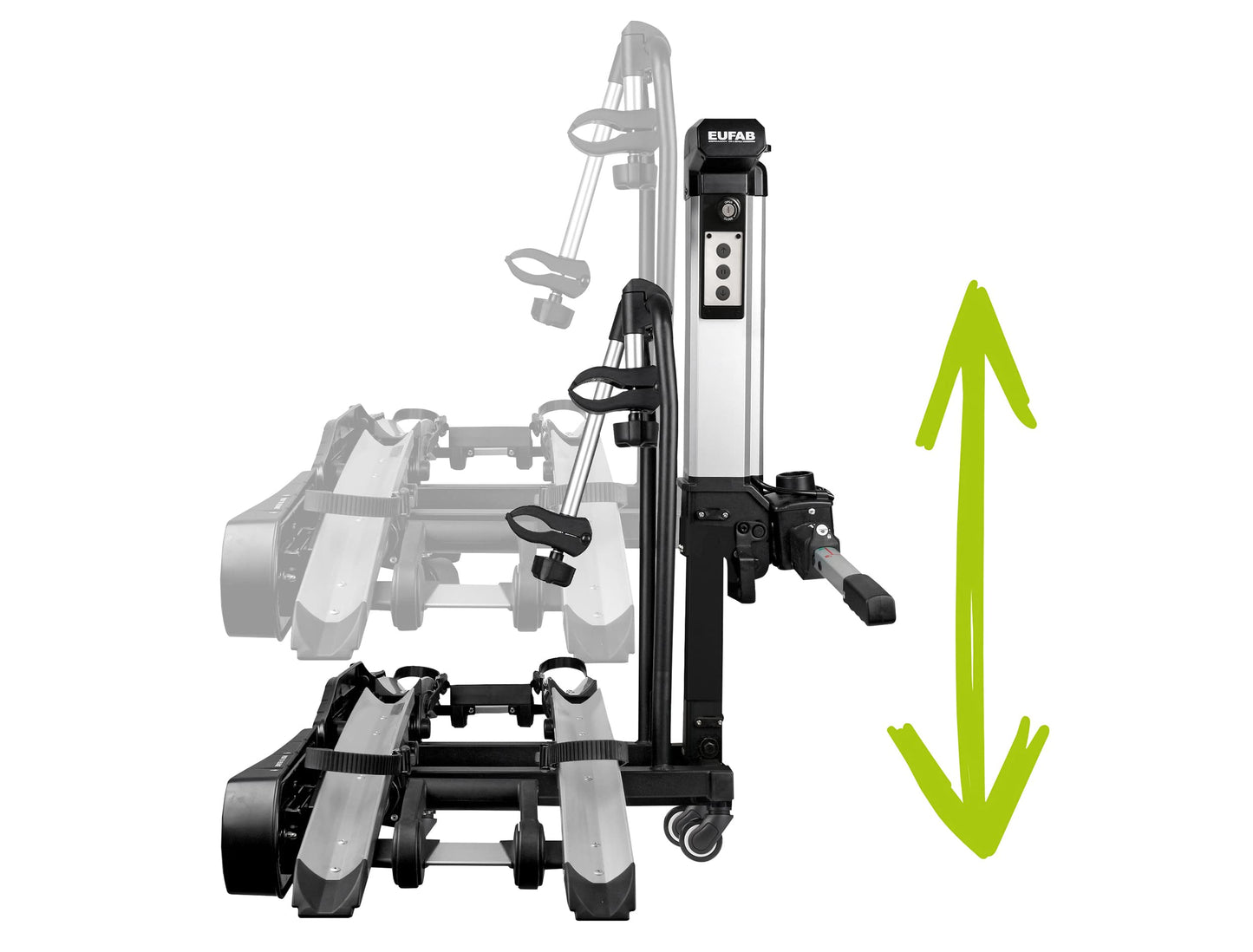 EUFAB 11535 Bike Carrier BIKE LIFT, suitable for E-Bikes, fully pre-assembled, electric lowering function, anti-theft protection, for 2 bikes, for towbar, 135x74x74cm