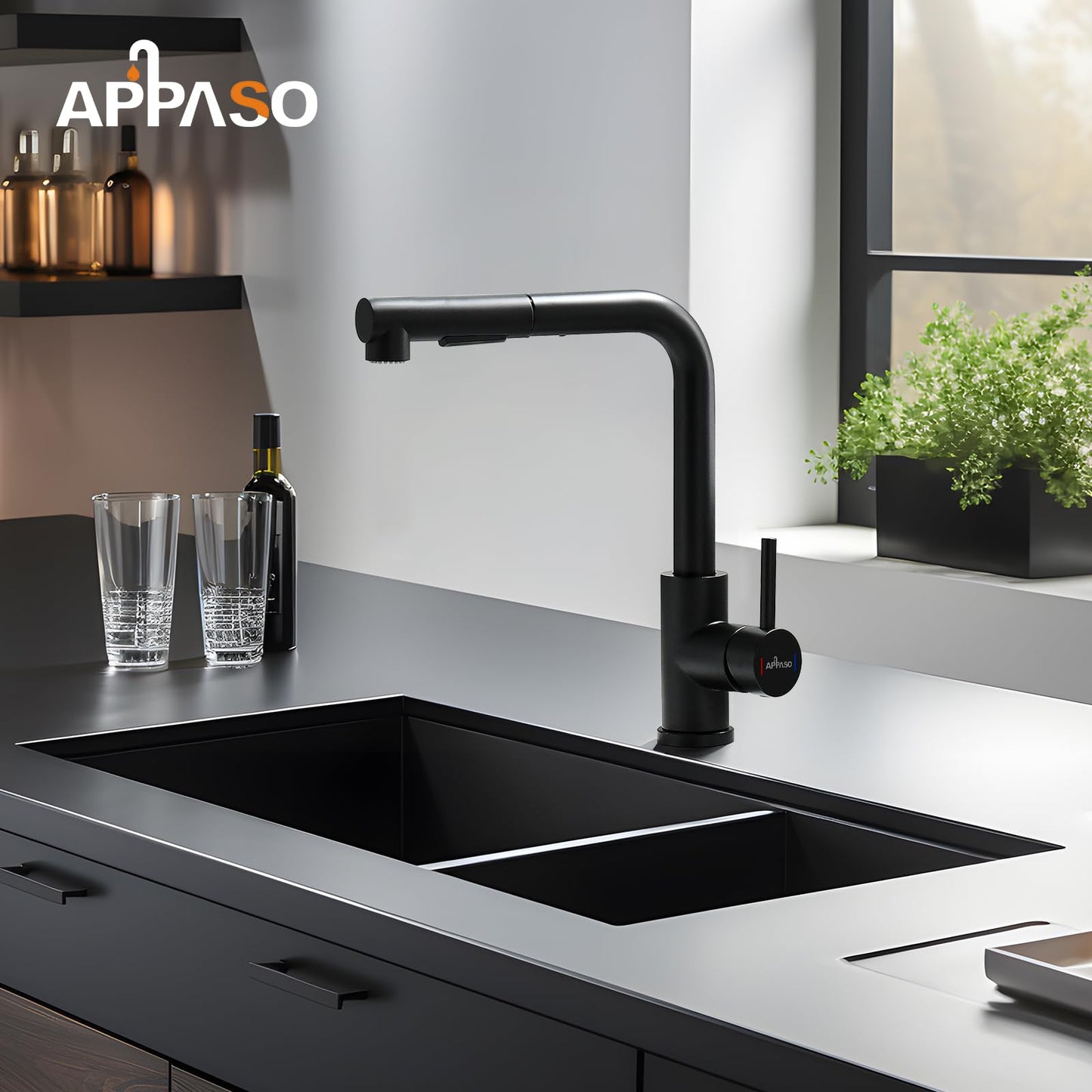 APPASO Low Pressure Kitchen Faucet Black, Kitchen Tap 3 Connectors, Low Pressure Kitchen Mixer Tap, Low Pressure Sink Mixer with 2 Spray Modes, Stainless Steel Black Mixer for Boiler.