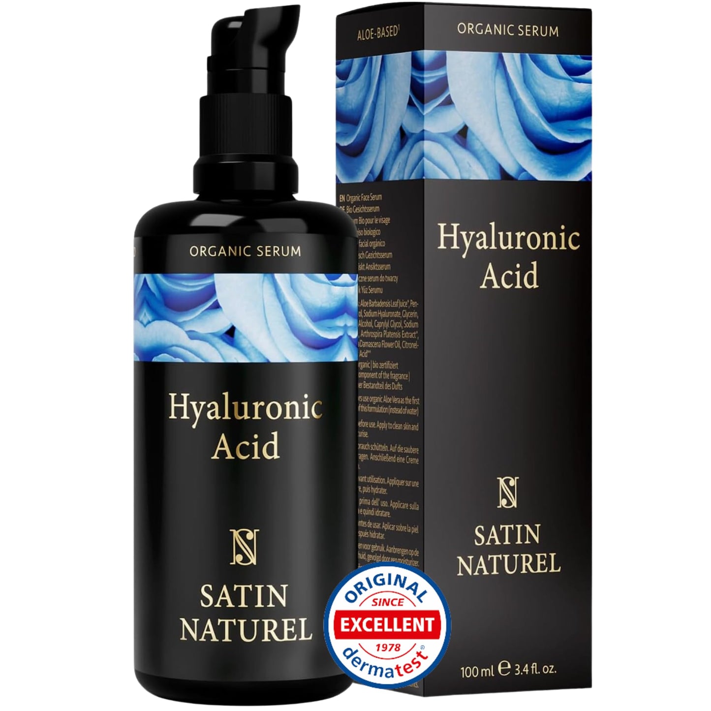 Satin Naturel Hyaluron Serum highly dosed 100ml - 24h moisture - Hyaluronic Acid Serum Face - Vegan - Facial Care Men and Women - Anti Aging Hyaluronic Acid Facial Serum with organic Aloe Vera