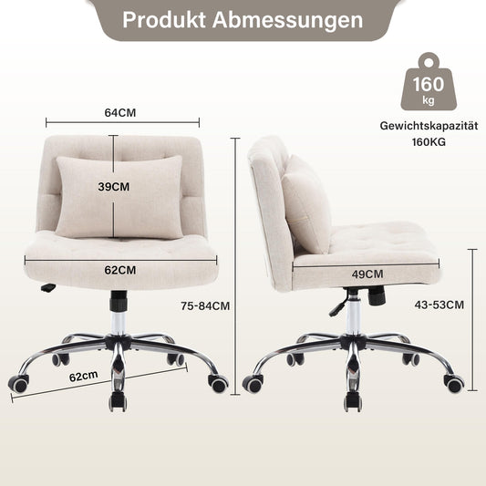 WOLMICS Cross-Legged Chair, Desk Chair with Lumbar Pillow, Criss Cross Chair for Girls, Armless Office Chair made of Linen, Makeup Chair 160KG Capacity, Swivel Chair for Bedroom