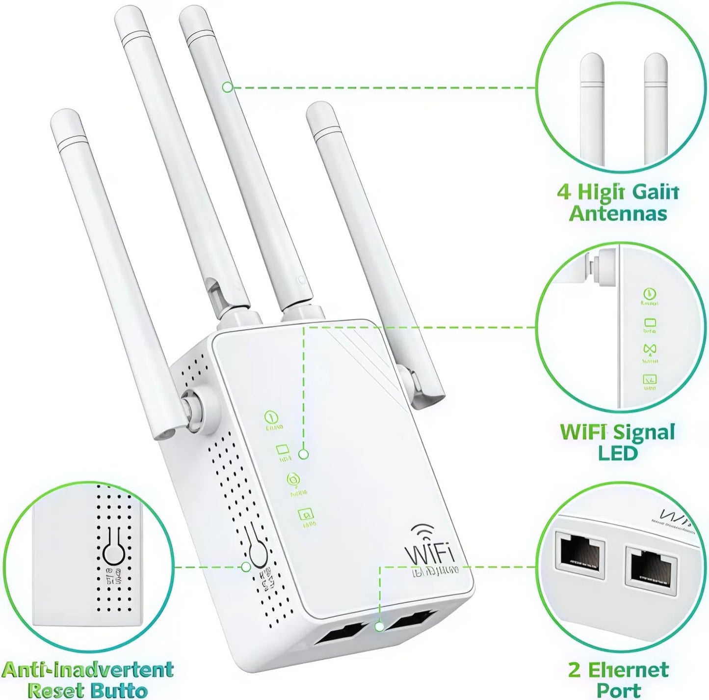 AILKIN WiFi Repeater, 1200 Mbps, Dual Band 2.4G/5G, Wi-Fi Extender, 4 antennas, Wi-Fi amplifier, suitable for home office, WiFi signal extension, internet amplifier - Ethernet port