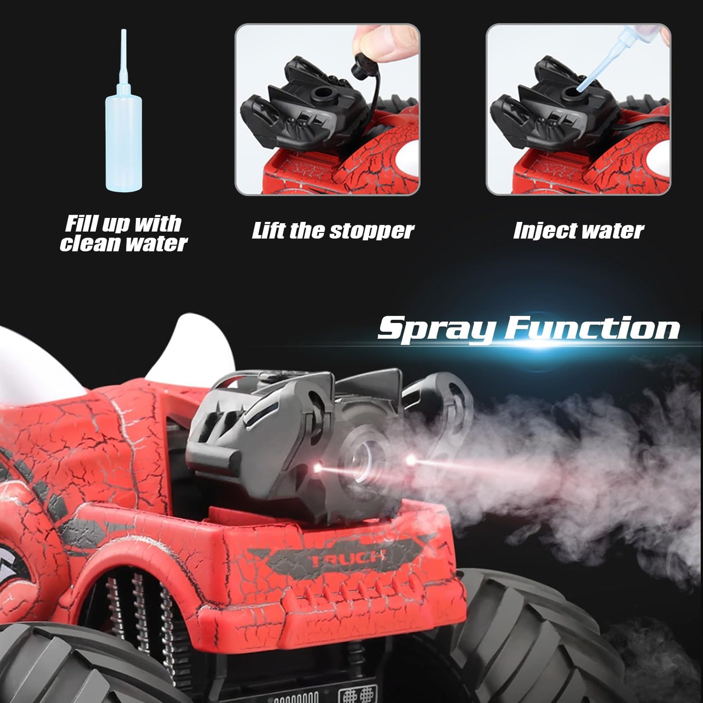 Monster Dinosaur Truck 2.4 GHz Remote Control Brother Car with Light and Sound, Spraying All Terrain Toy Car Gift for Kids 3+ years old.