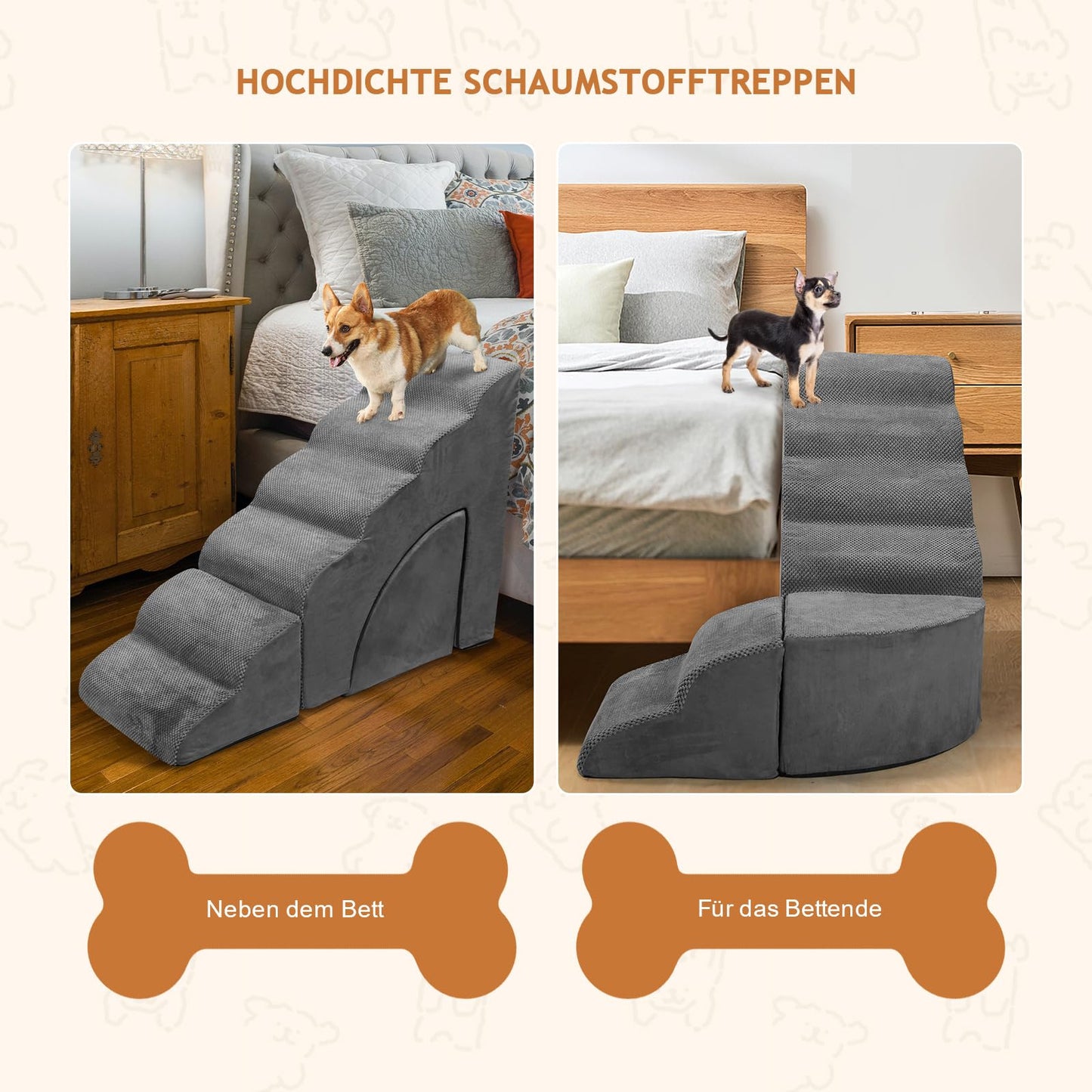 LitaiL Dog Stairs 74cm Tall for Boxspring Bed, Adjustable to Fit Each Side of Bed End, Multi-purpose Dog Ramp for Bed | Couch | Sofa, Non-slip Pet Stairs made of Foam for Dogs, Cats (Gray)