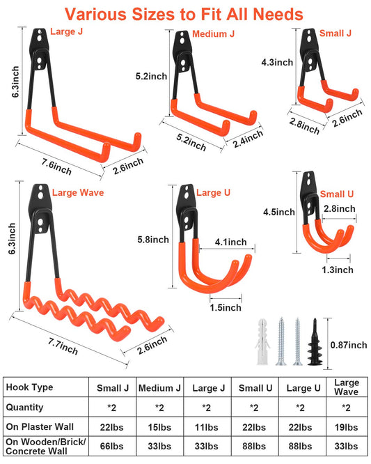 AojSup 12 Pack Wall Hooks for Garage, Heavy Duty Garage Hooks, Double Hooks for Garage, Garage Storage Hooks for Organizing Ladders, Chairs, Hose, Bikes, Power Tools Bulky Items (Orange)