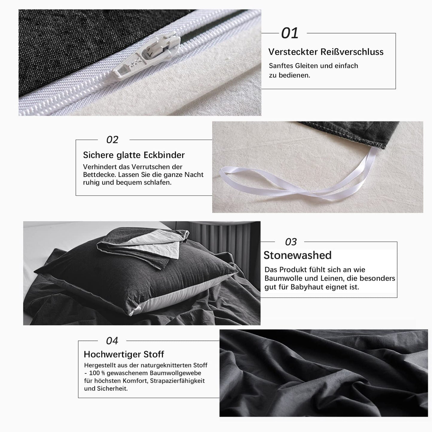 MILDLY bedding set 135x200 cotton anthracite, bedding sets 100% washed cotton with linen-like feel, OekoTex certified & suitable for allergy sufferers, 1 duvet cover & 1 pillow case 80x80.