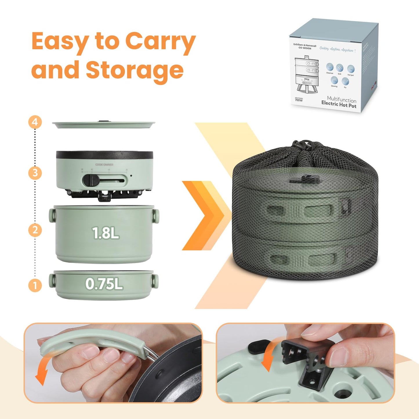 ENFRIFAM Electric Hot Pot with Foldable Handles, Portable Multi Cooker with Hotpot and Frying Pan for RV, Dorm, Office, Outdoor, Camping, 1.8L Soup Pot+0.75L Frying Pan