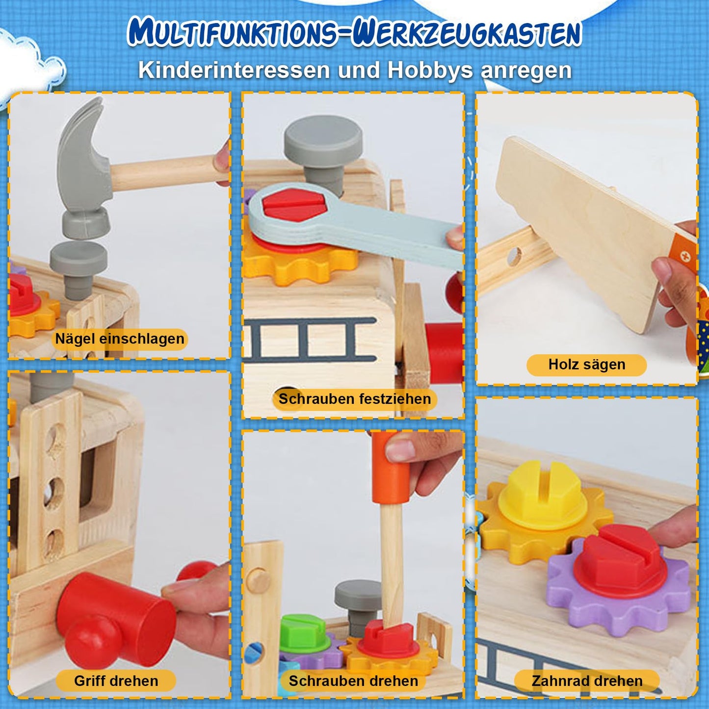 Toolbox for kids workbench, Montessori wooden toy kids toolset for ages 2 3 4, toy toolbox learning games tool kit kids tool cart gift boy girl 2 3 4 years.