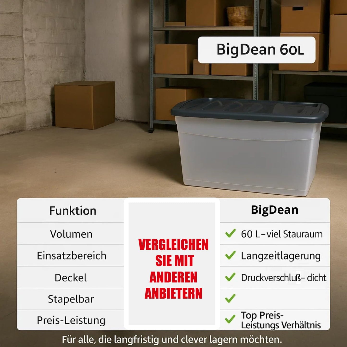 BigDean 3x 60L Storage Box with Lid Large Budget Line Plastic Box with Lid