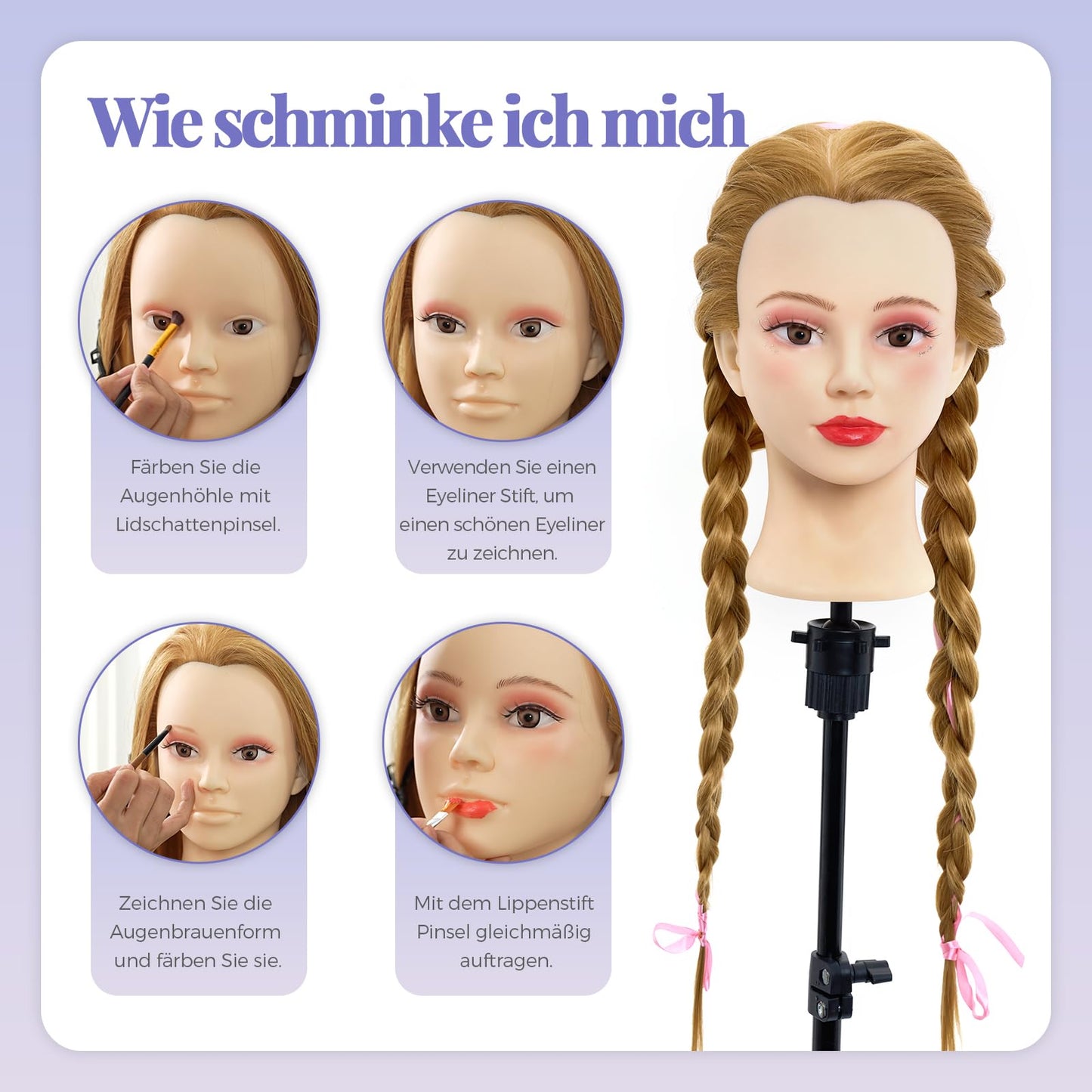 Neverland 26" Hairdressing Head Mannequin 60% Real Hair Makeup Practice Head Training Doll Head Hairdresser Training Head With Stand + Hair Styling Braid Set