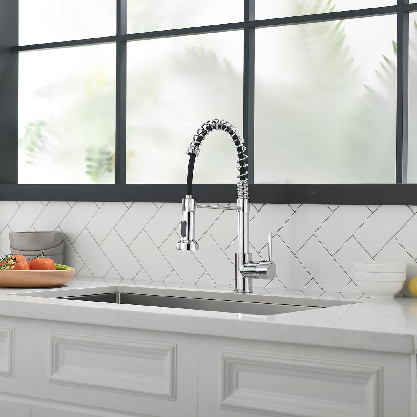 TIMACO kitchen faucet chrome with spiral spring, 360° swiveling sink faucets with two outlets - high pressure.