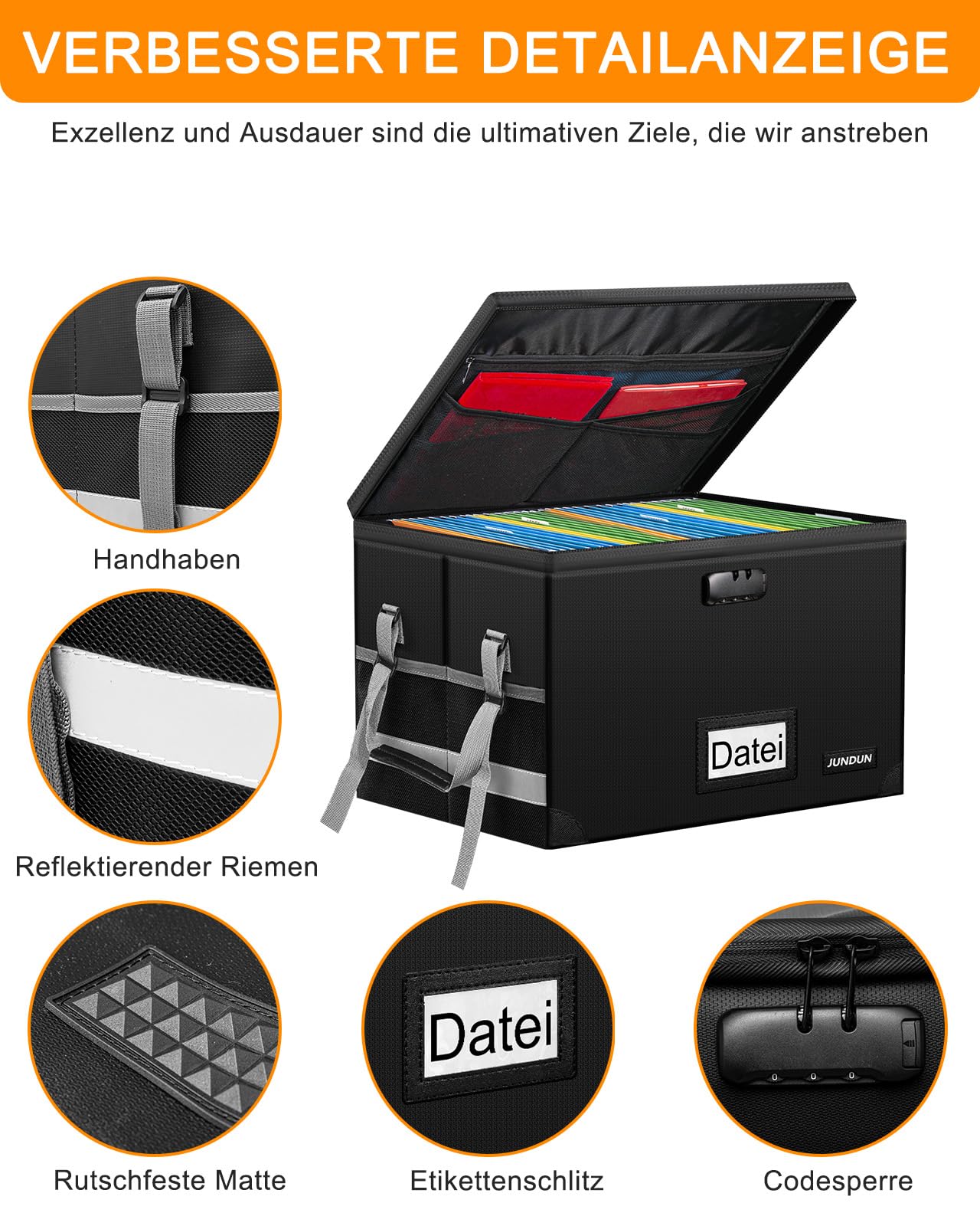 JUNDUN File Organizer Box with Lock, Foldable Fireproof Document Box with Water-Resistant Zipper and Lid, Portable Decorative Hanging File Box for Home/Office.