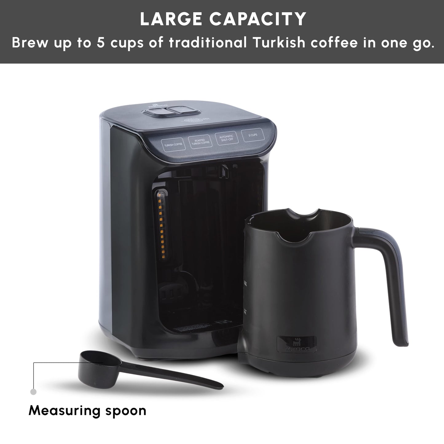 KARACA Hatır Roast Turkish Coffee Maker, Shiny Black, 5 cup capacity, lots of foam, 535W, voice warning system, light warning system, measuring spoon, easy cleaning.