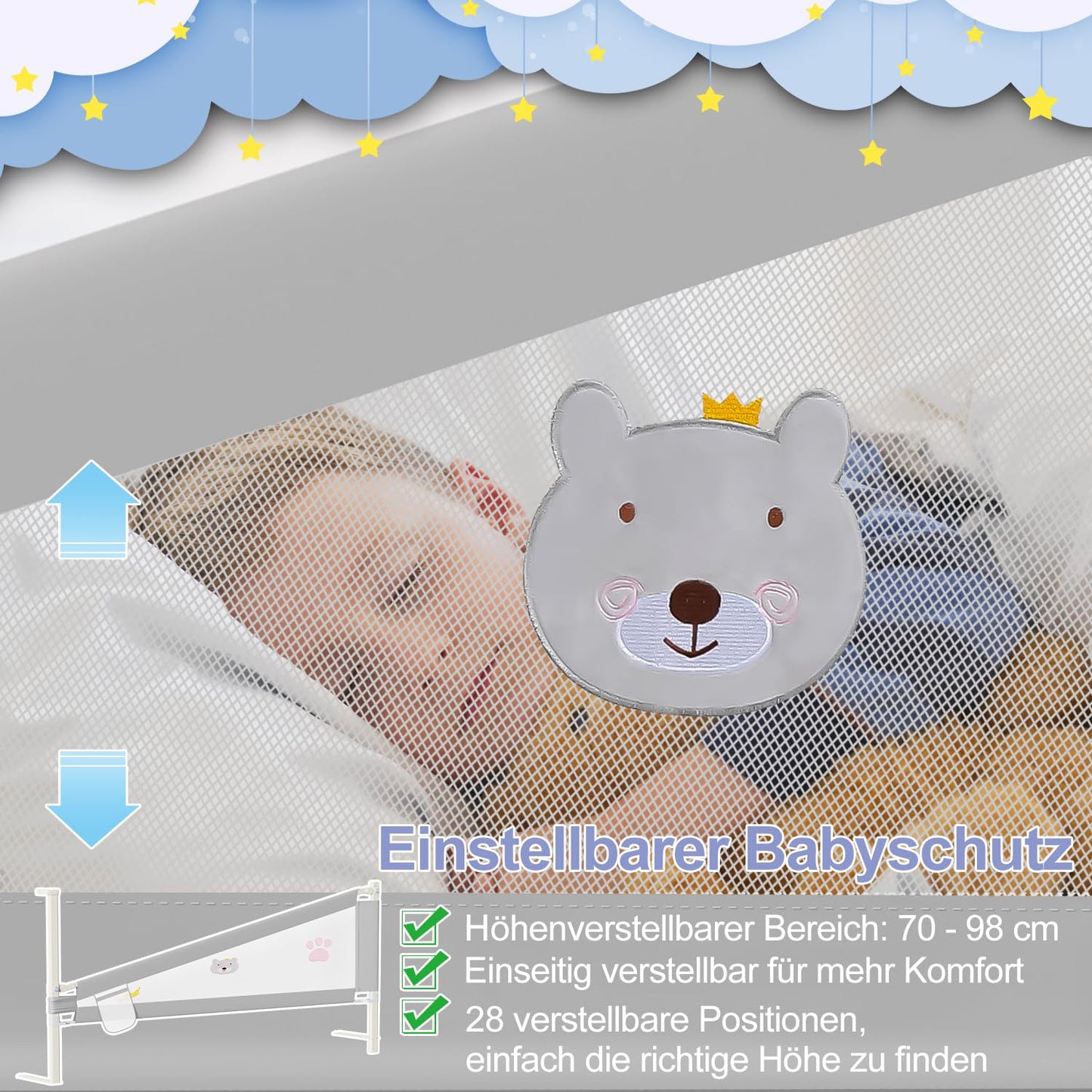 Ansobea 200cm bed rail | Bed guardrail for children | Folding toddler guardrail | Child bed guard for fall protection | Easy to install | Gray embroidered design
