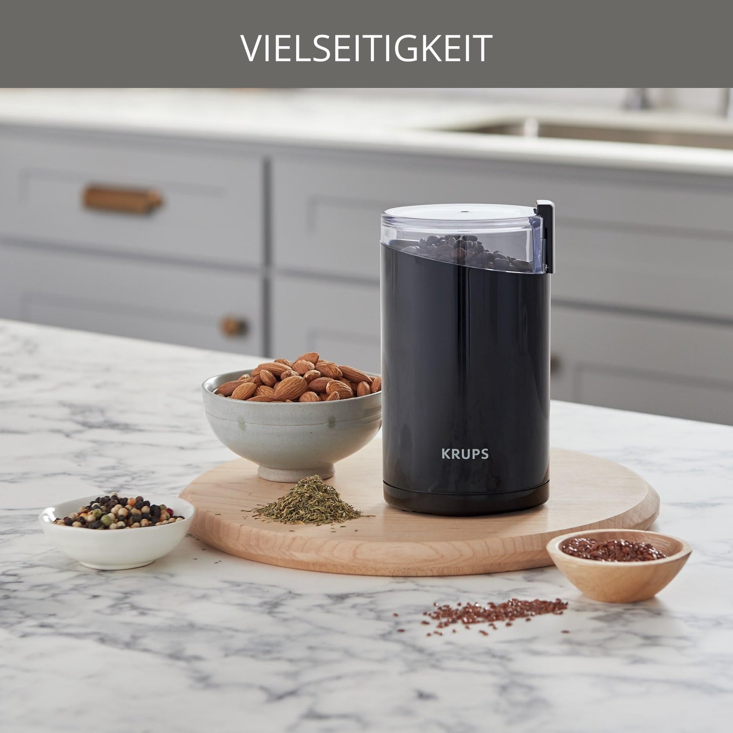 Krups F20342 Coffee and Spice Grinder in One, Powerful Motor, Adjustable Grind Size, 75g Capacity, Stainless Steel Blade, Safety Lid, Anti-Slip Feet, Black.