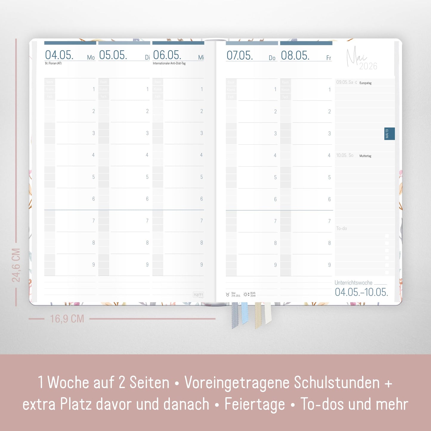 Häfft® Teacher Planner 2025/2026 A5 + "Sweet Flowers" Hardcover teacher planner/school year planner with 236 pages, stickers, and more - sustainable & environmentally friendly.