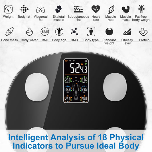 INSMART smart body fat scale digital scale with APP, Bluetooth scale for heart rate, body fat, BMI, weight, muscle mass, water, protein, skeletal muscle, BMR, etc. (18 data points)