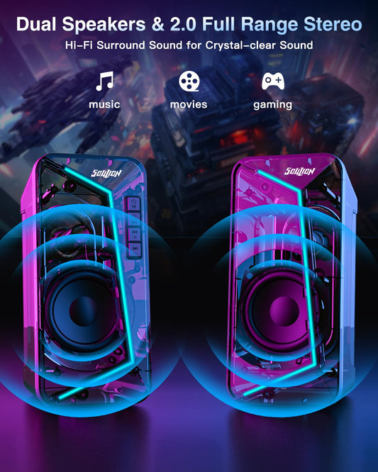 SOULION R40 Computer Speakers, 2.0 USB-powered, Lighting for PC with volume control button, Bluetooth 5.3, Surround Sound for Laptop, Tablets, Smartphone