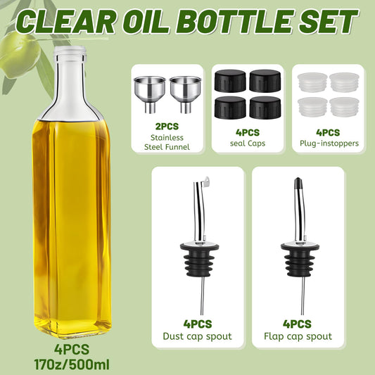 Oil bottle, 4x 500 ml vinegar and oil dispenser, olive oil bottle with funnel, anti-drip lid, label, glass bottle for kitchen and BBQ (transparent, 500ml)