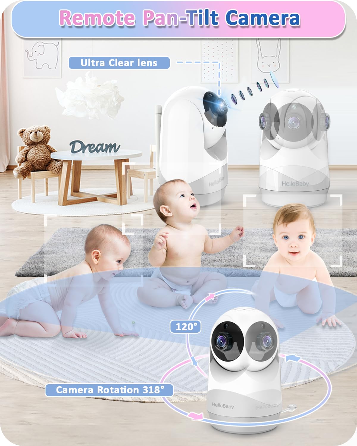 HelloBaby baby monitor with camera, 29 hours battery life, 318°/120° pan-tilt camera, 2x zoom, infrared night vision camera, ECO mode, up to 1000ft range, 2-way audio.