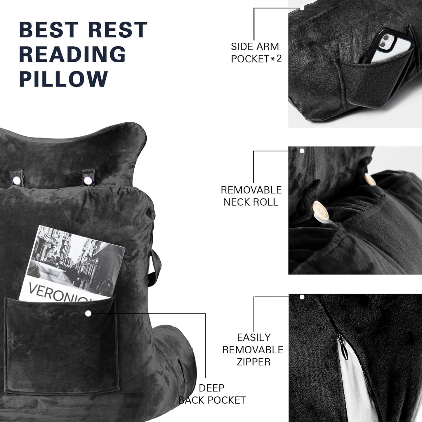 Reading pillow with removable neck roll & higher support arm for sitting in bed, couch, or floor. Backrest pillow for adults for reading, watching TV. Black.