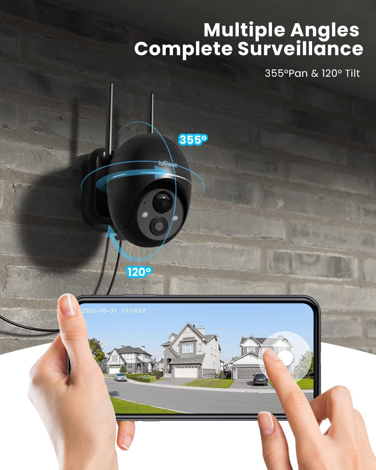 ieGeek 2K Solar Outdoor Security Camera with Battery, 355°/140° Pan Tilt Wireless Surveillance Camera with Color Night Vision, PIR Motion Sensor, Siren/White light alarm, 2-way Audio, IP65, Cloud/Storage Card.