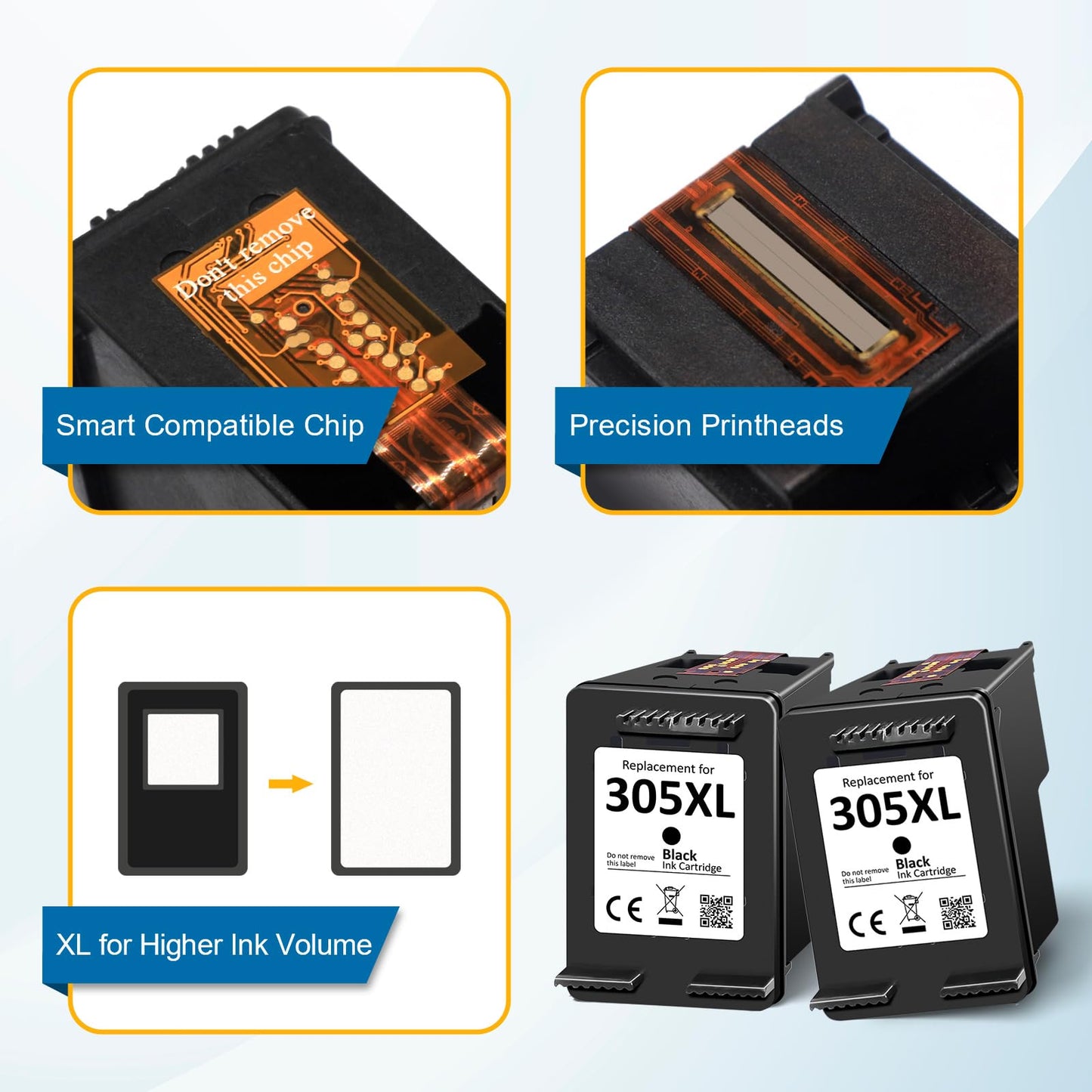 305XL Ink Cartridges for HP, replacement for HP 305 ink cartridges for HP DeskJet 2710e, 2820, 2821, 2821e, 4110e Deskjet Plus 4100, 4200, 4220, 4220e, Envy 6000, 6010e, 6020e, Envy Pro 6400, 6420 (2 Black)