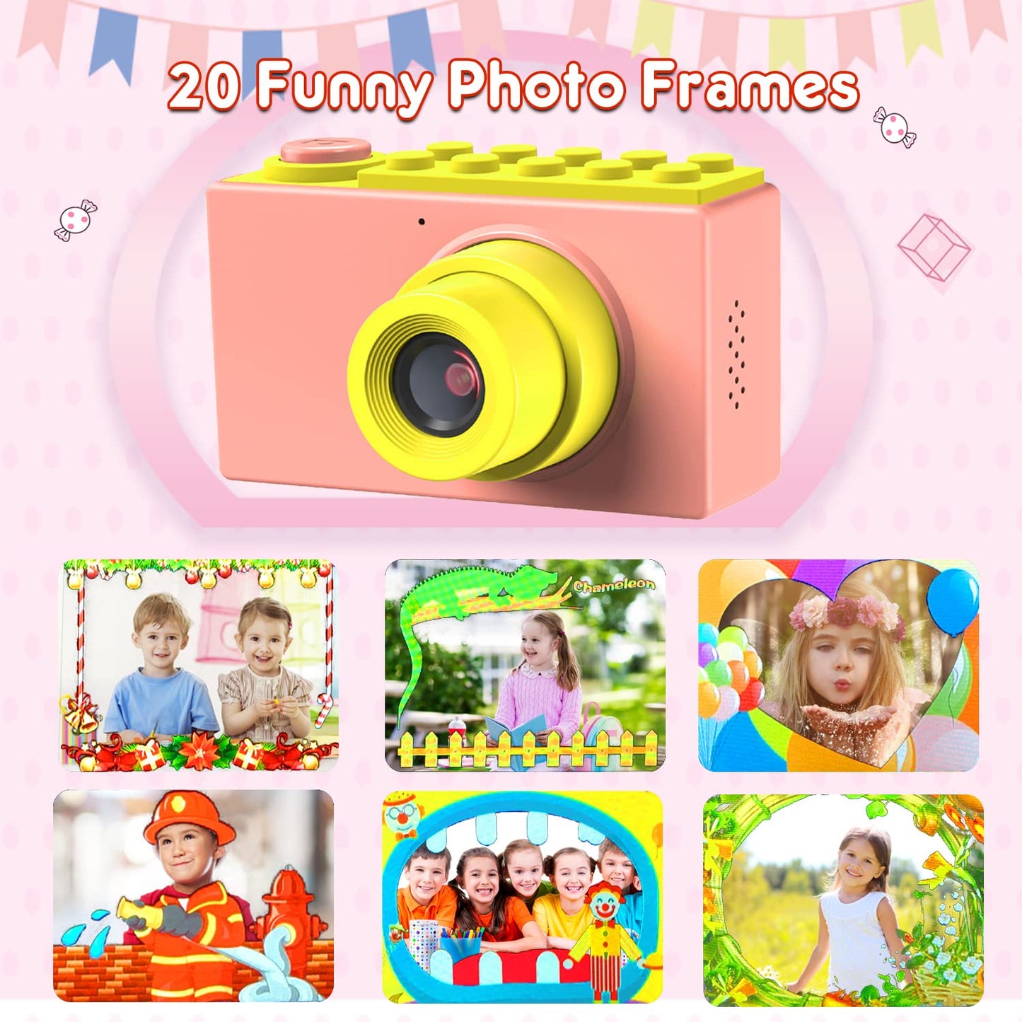 ShinePick Kids Camera, 8MP / HD 1080P / 2 Inch Screen/Photo & Video/Frames/Filters, Children's Digital Camera with Memory Card, Xmas Birthday Gifts for Kids (Pink)