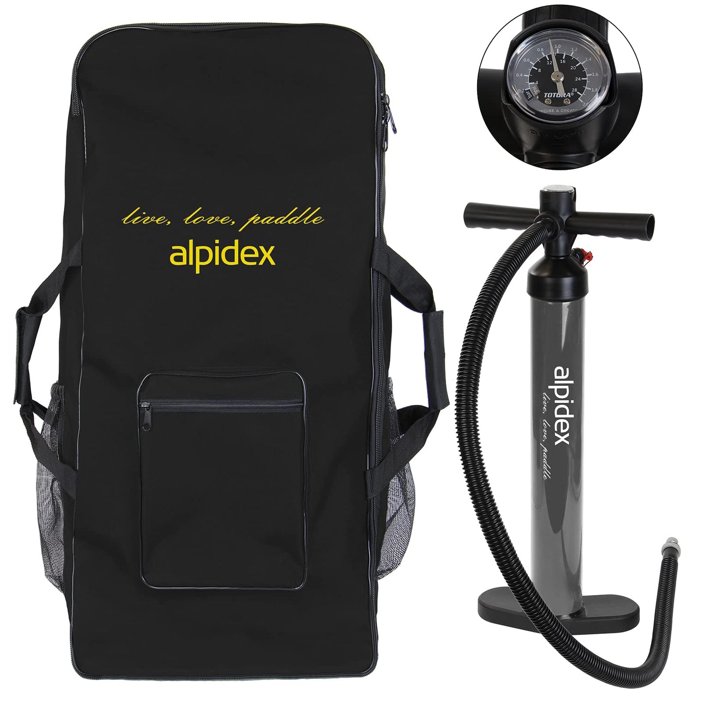 ALPIDEX Stand Up Paddle Set SUP 320 x 76 x 15 cm max. load capacity up to 200 kg Inflatable Stable Lightweight Complete Set Carrying Bag Paddle Fins Air Pump Leash Repair Kit, Color: Black