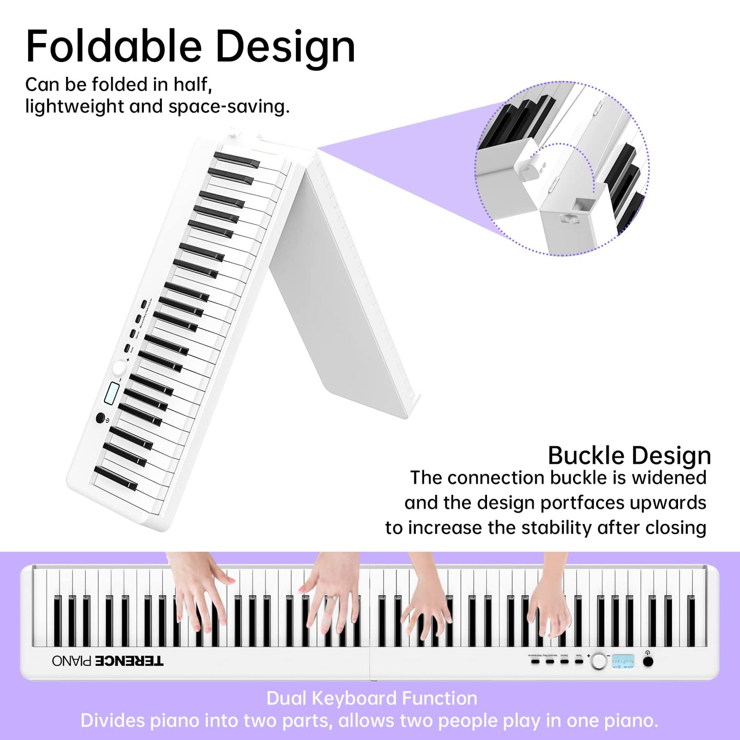 TERENCE 88-key piano Foldable keyboard with 1800mAh battery Support MIDI USB interface Piano app Bluetooth Music stand Stickers Audio cable Headphones Sustain pedal White
