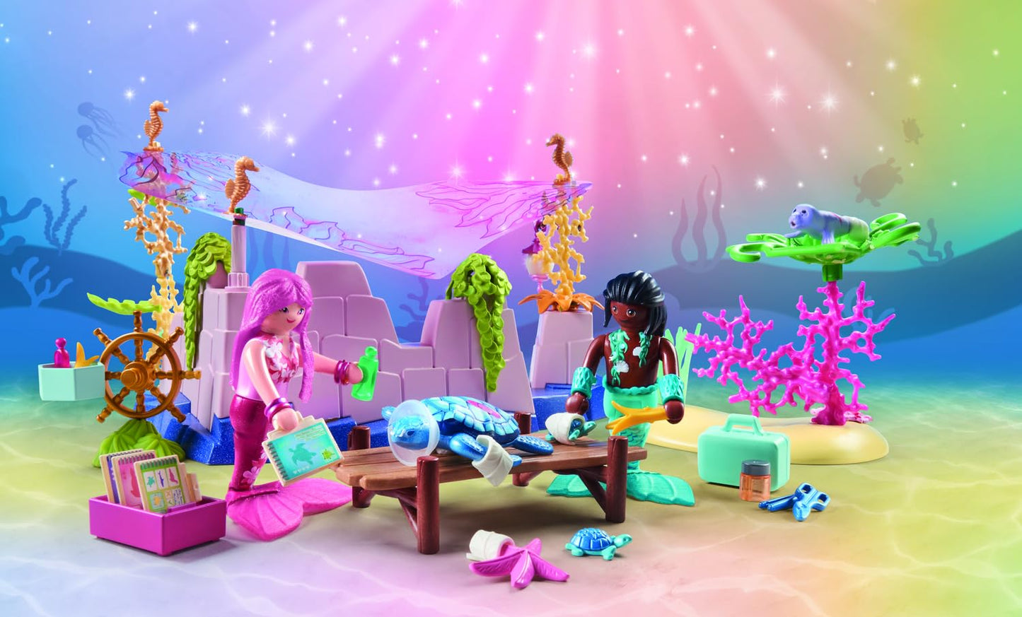 PLAYMOBIL Princess Magic 71499 Underwater Animal Care for marine creatures, caring for sea animals, includes care station, bandages, and more, diverse toys for kids ages 4 and up.