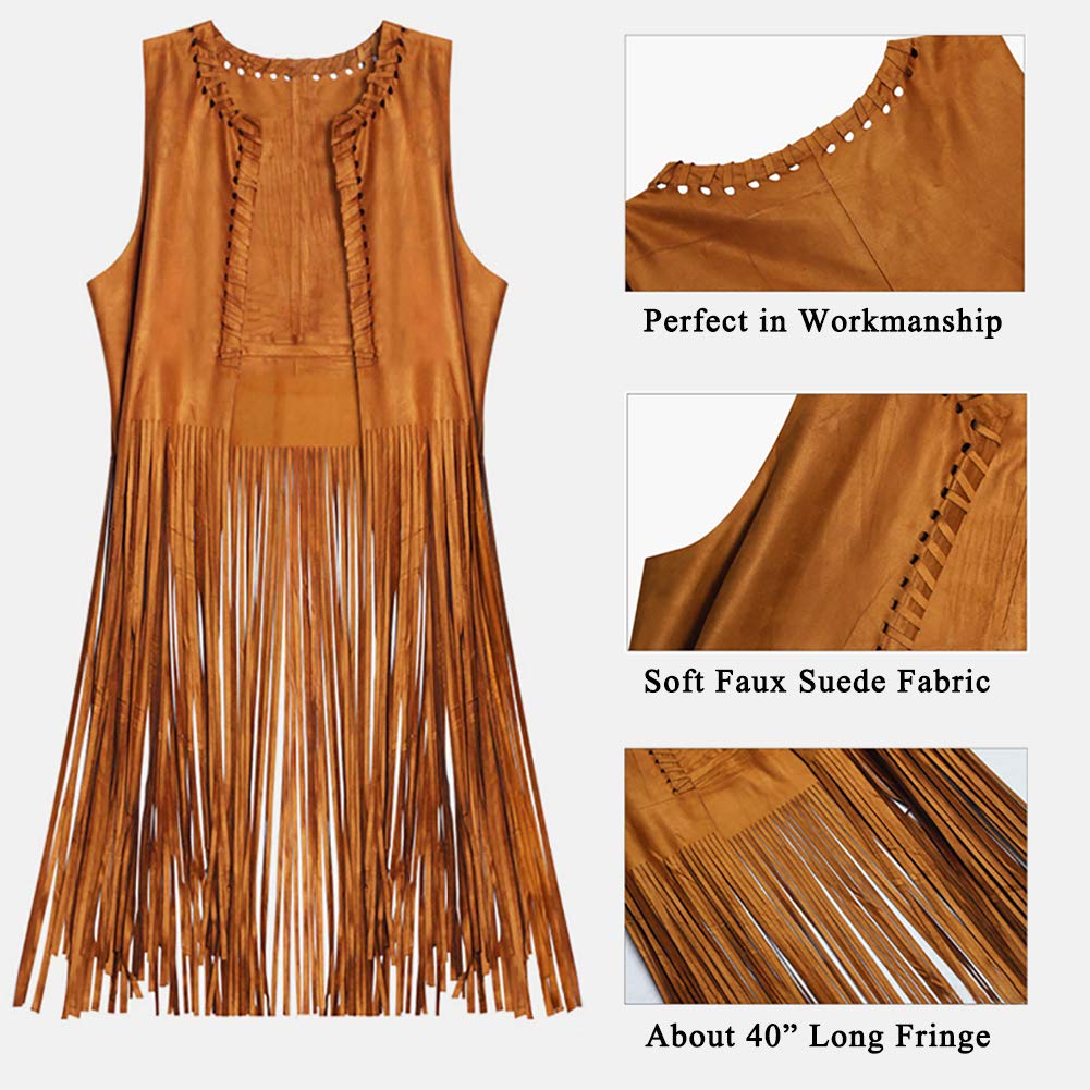 YADODO Hippie Costume Women Set Fringed Sleeveless Vest Hippie Clothing 60s 70s Vintage Outfit Girls Disco Costume Cowgirl Brown Vest Bolero Carnival Halloween Costumes Women M