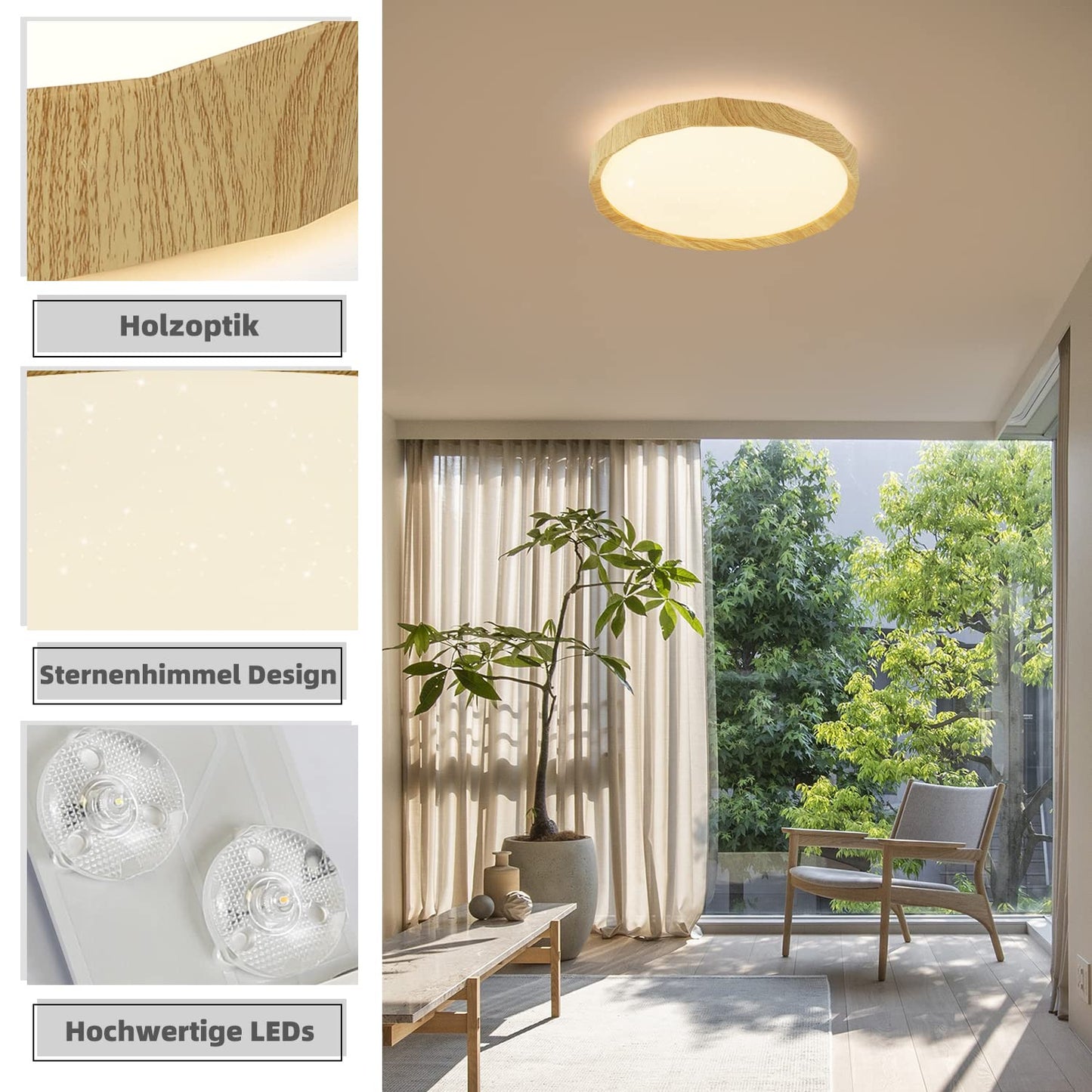 ZMH Ceiling Light LED Ceiling Light Living Room - Living Room Lamp Wood Look Ø40cm Bedroom Ceiling Light 43W Bedroom Lamp Dimmable with Remote Control Kitchen Lamp Boho Hallway Lamp for Kitchen Hallway