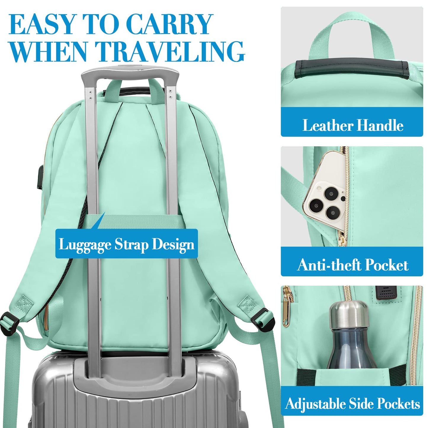 Kuosdaz Backpack Women 15.6 Inch, Large School Backpack Girls Teenager, with USB Charging Port for Laptop Work Waterproof Backpack, University, Travel, Business, Everyday, Women, School, Mint Green