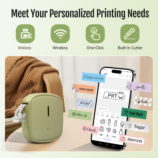 Cute Bluetooth Label Printer Self-Adhesive, Portable Mini Labeling Machine, USB Charging Label Printer, label maker for Home, Office, Date, Name, Compatible, iOS & Android, Green