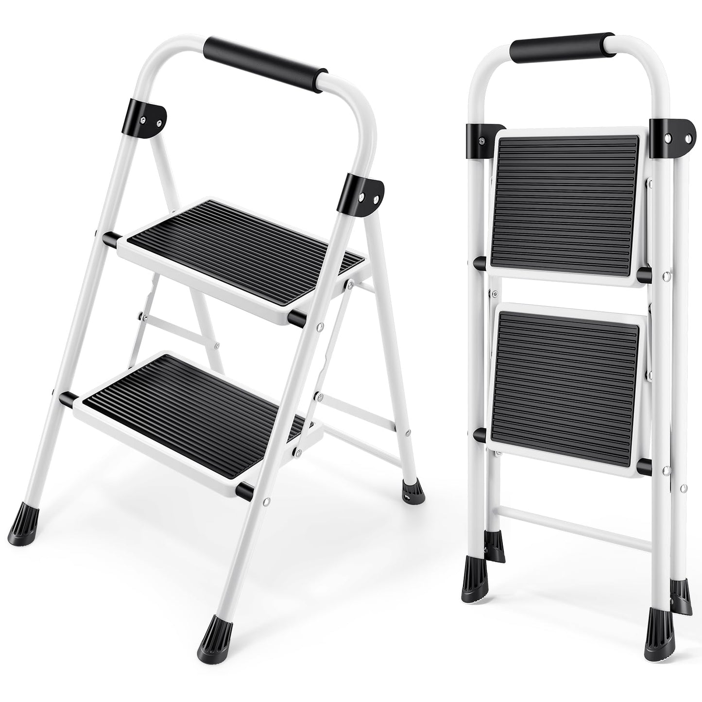 KINGRACK 2-Step Ladder, Step Ladder with Handrails, Folding Step Stool, Folding Step Stool for Adults with Handle, Household Ladder Anti-Slip Stable and Wide Pedal, White