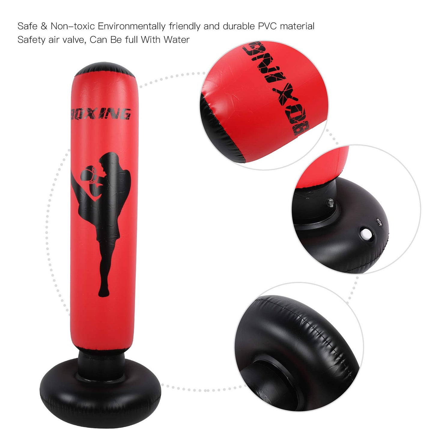 170cm inflatable standing boxing bag for strength training, Black and red PVC boxing column for fitness stress relief for men women boys girls.