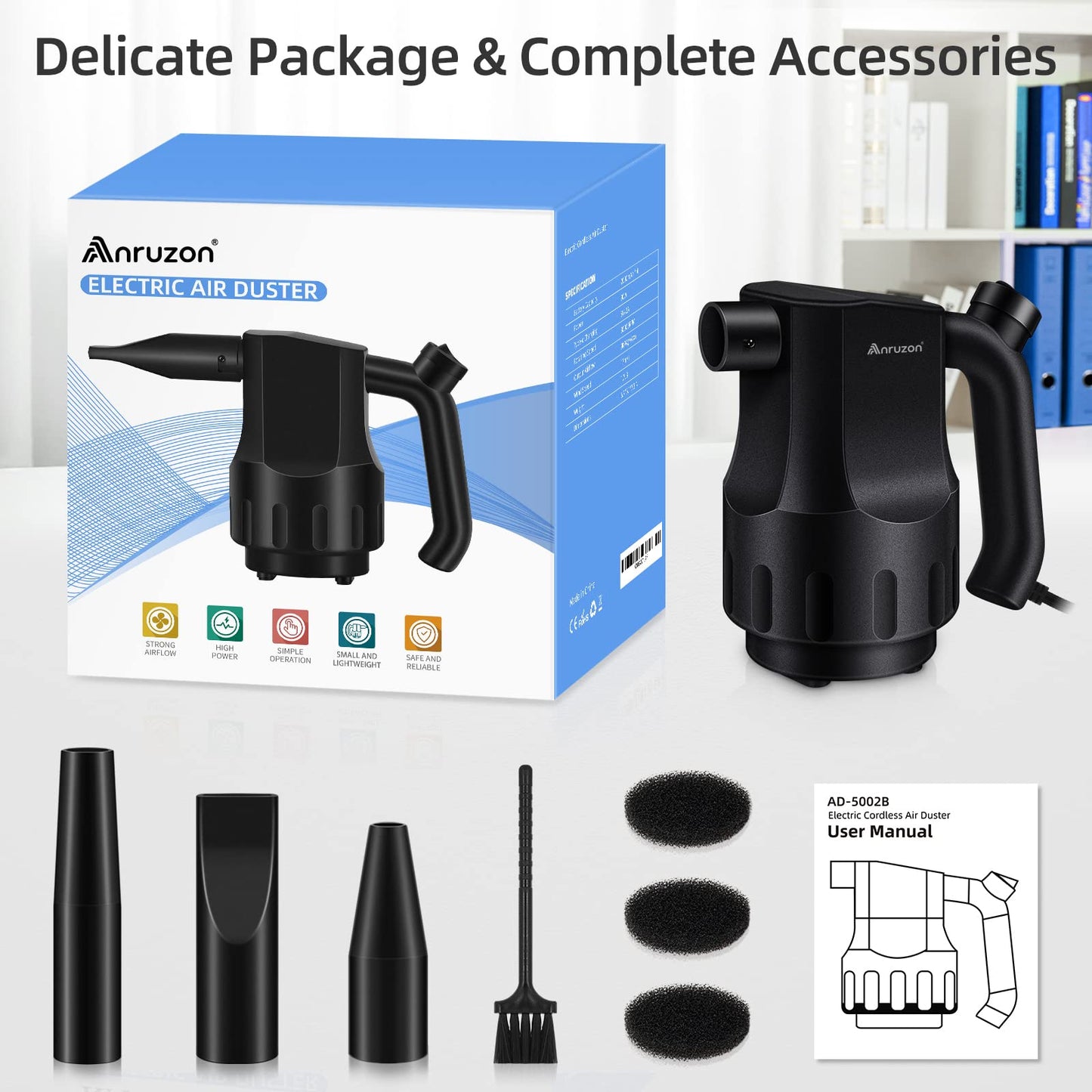 Anruzon Electric Dust Blower, Mini Air Duster with 3 Nozzles, 35000RPM, PC Cleaning Kit, Portable Cleaner for Laptop, Office Equipment, Household, Car, Keyboard.