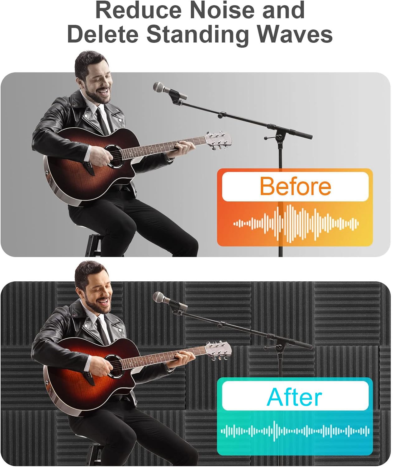 JBER 48 pieces Acoustic Foam Acoustic Panels, 2.5 x 30.5 x 30.5 cm Sound Absorber Acoustic Foam Soundproofing for Recording Studio, Black