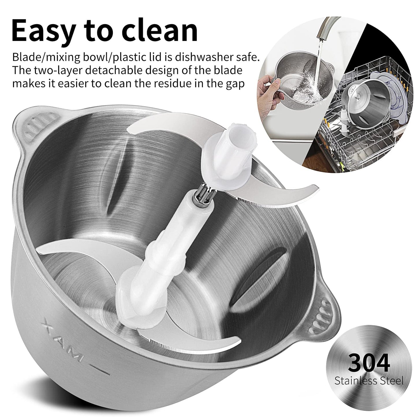 600W 2L stainless steel bowl food processor with 2 speed settings. Electric kitchen chopper with 4 blades for vegetables and garlic.