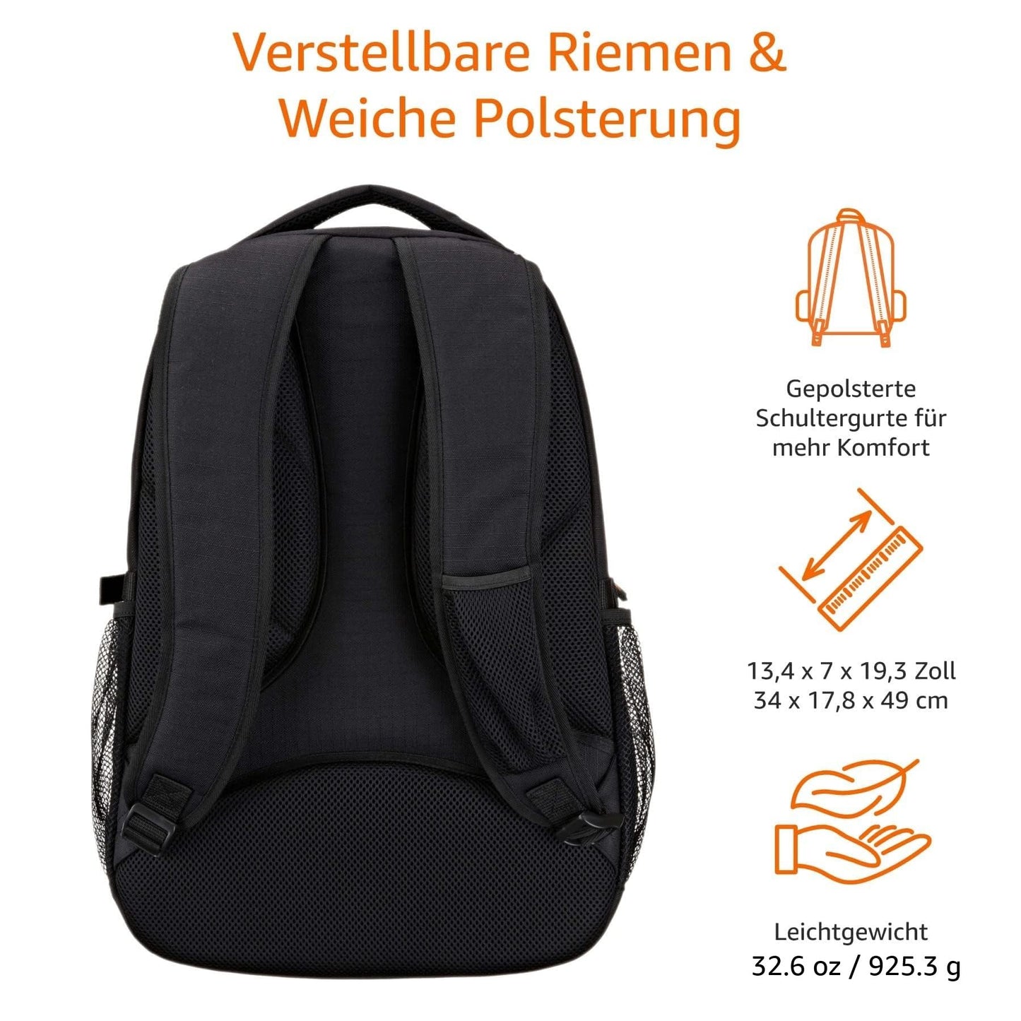 Amazon Basics laptop backpack with padded shoulder straps and storage compartments for pens, keys, phone, suitable for most laptops up to 17 inches, Black.