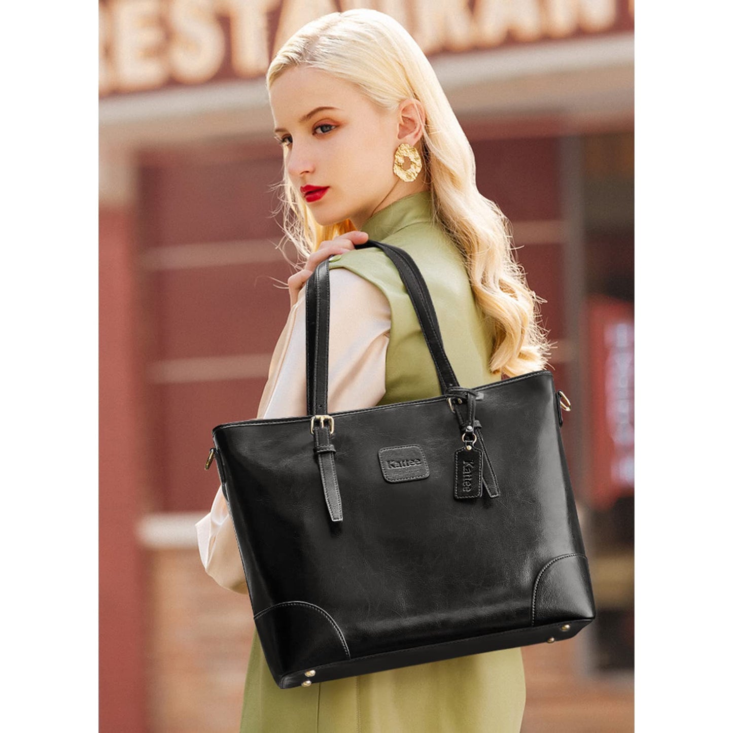 Cattee women's shoulder bag made of genuine leather handbag with 14-inch laptop compartment.