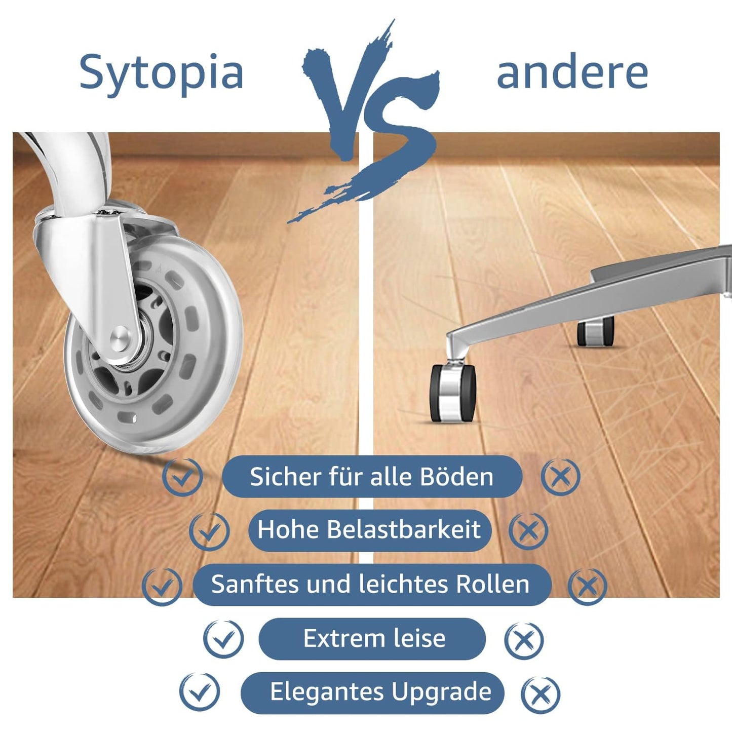 Sytopia office chair casters 11mm, casters for office chairs 11mm x 22mm, rubber office chair wheels 5-piece set for hard floors, parquet, laminate, floor mats, DOES NOT FIT 10mm pin (Silver)