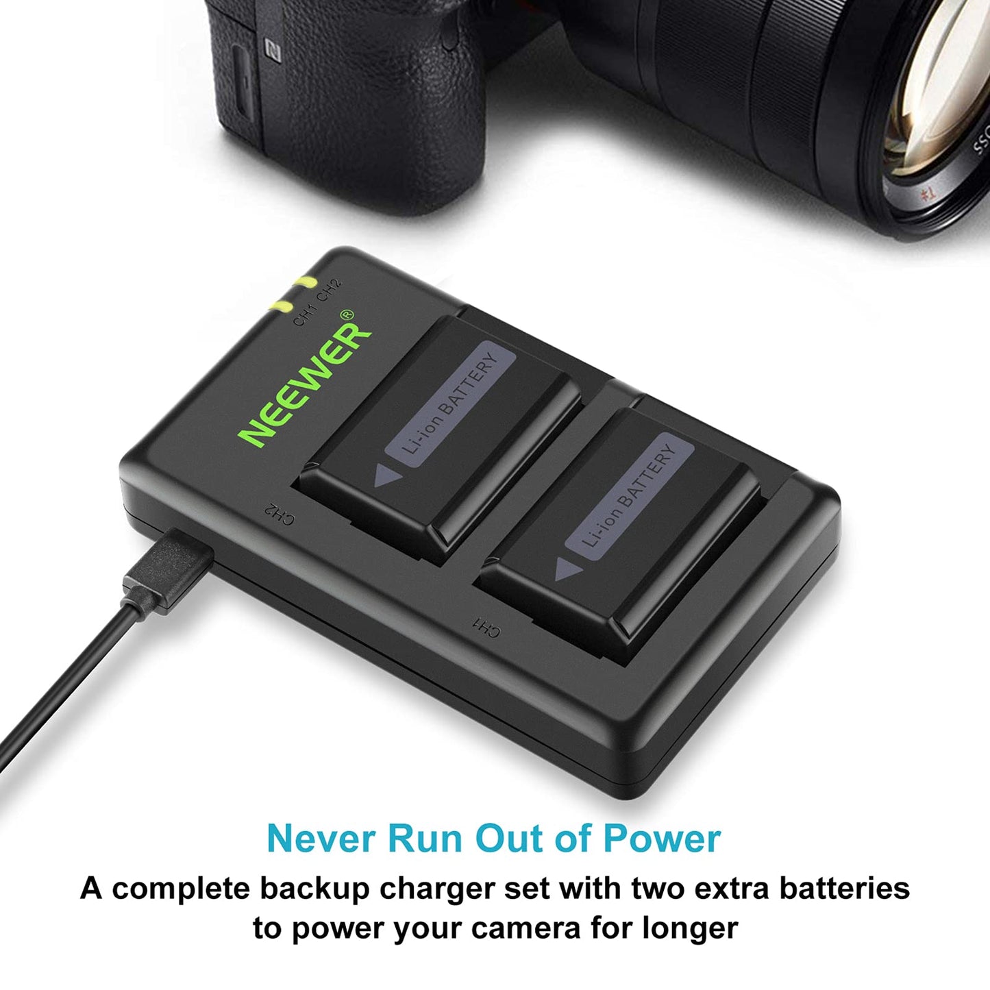 NEEWER NP-FW50 Camera Battery Charger Set Compatible with Sony ZV-E10, A7, A7R, A7RII, A7II, A7SII, A7S, a6300, a6400, a6500, RX10 Series (2-Pack, Micro USB Port, 1100mAh)