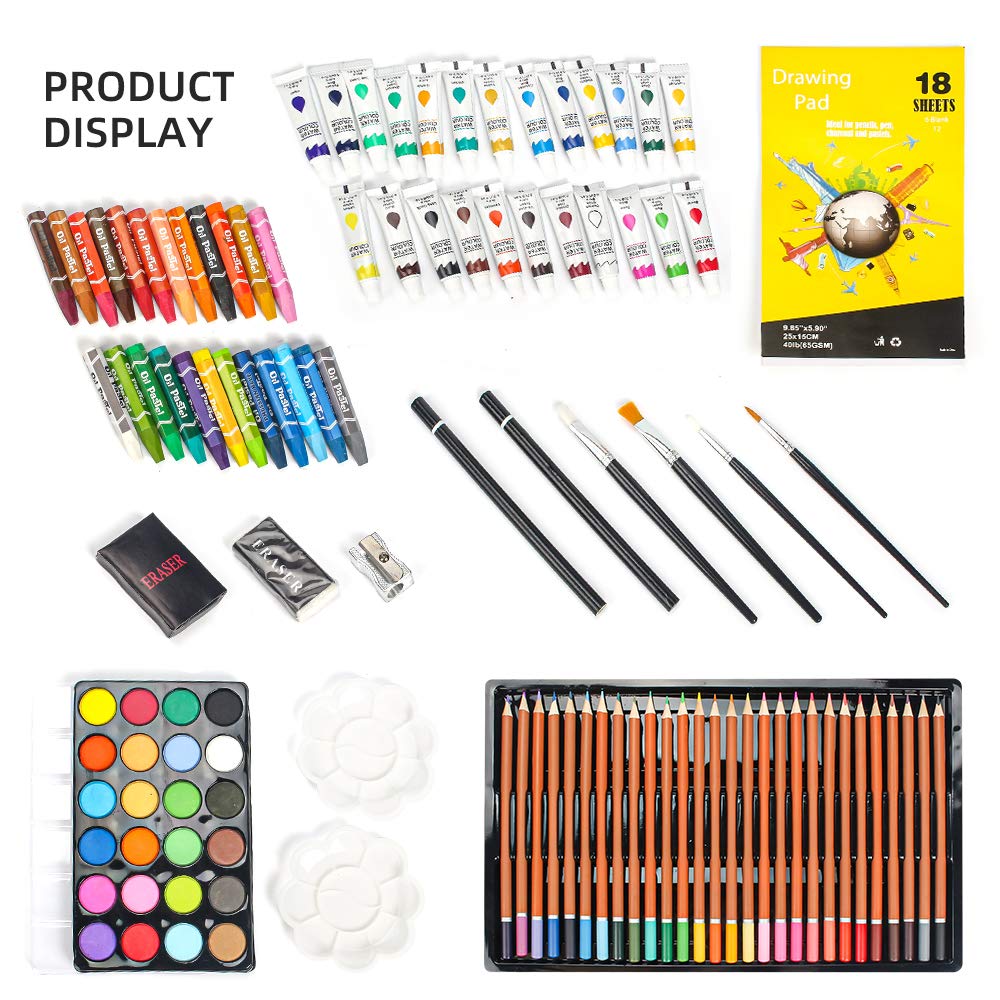 MIAOKE 145-piece art set, painting set, Deluxe Mega Aluminum Box & Art Kit with colored pencils, markers, acrylic paints, wax crayons, HB pencils, watercolor cakes, brushes, 18-sheet sketchpad.