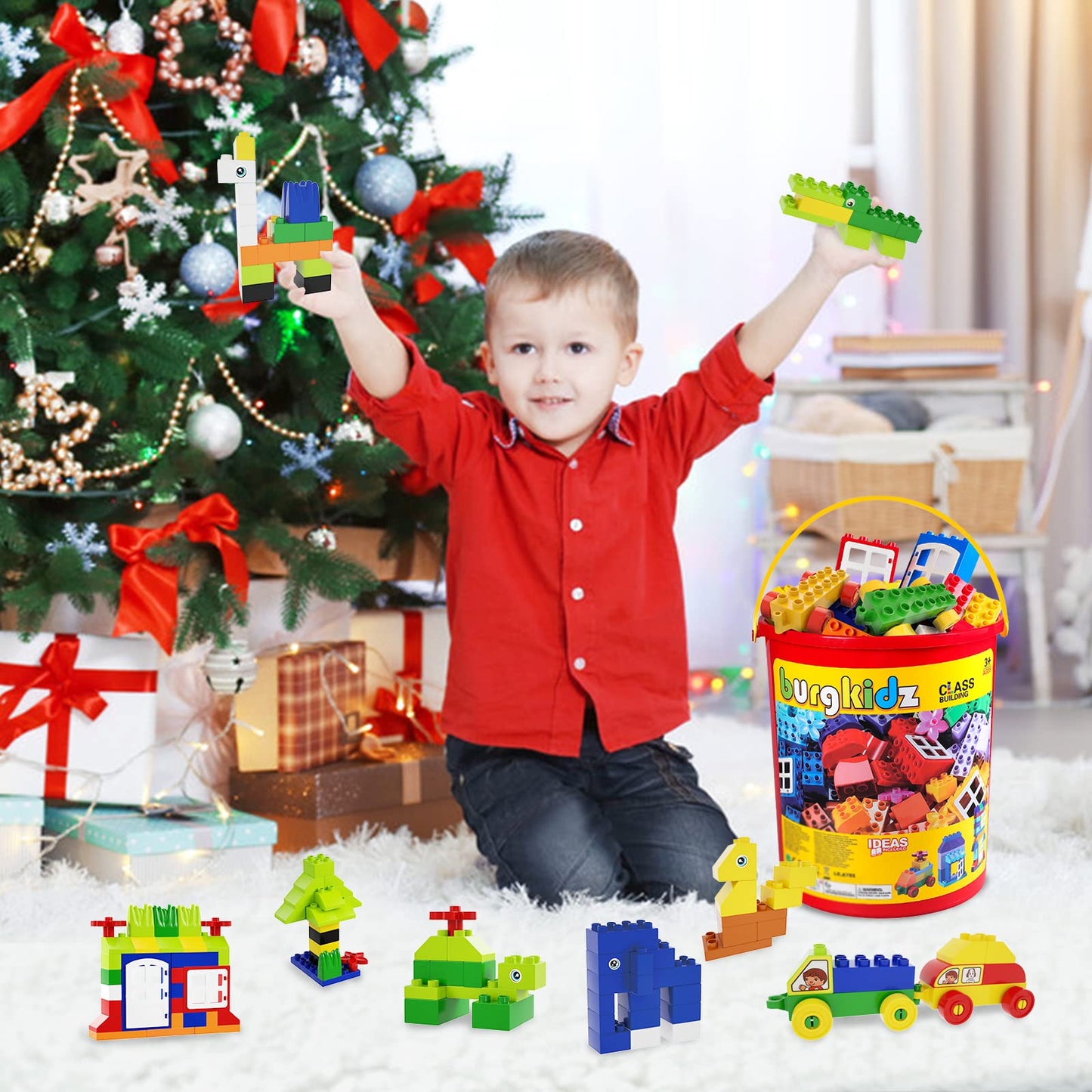 burgkidz Classic Large Building Blocks Educational Toy in Durable Plastic Bucket, 214 Pieces Building Bricks Colorful Toy Game for Toddler Boys Girls, Primary Colors