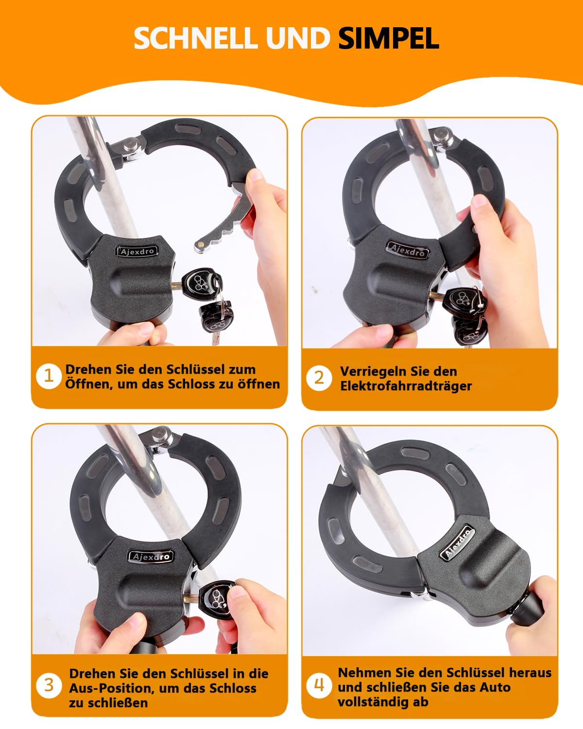 E-scooter lock, handcuff lock with key, lock for e-scooter with rubber lock sleeve, bike lock high security, 90cm, ideal for e-scooter, bike, stroller (key lock A)