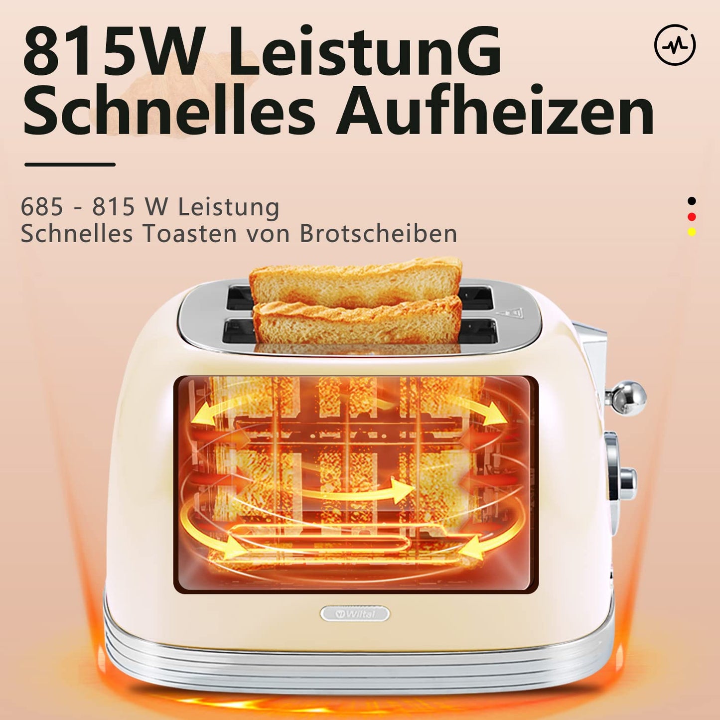 Wiltal Toaster 2 slices, retro design, with bun rack, stainless steel lid, preheat, defrost, cancel functions, countdown timer display, Quick-Toaster (cream)
