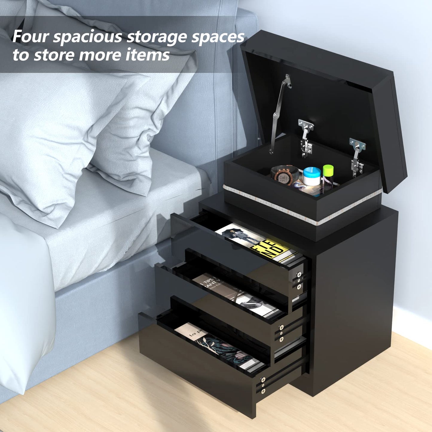 Lvhcmfohm Black Nightstand with LED Light, Bedside Table with 3 Drawers and 16 Color Illumination (45x35x61cm)